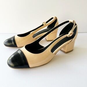 JEFFREY CAMPBELL Womens Sz 6 Tulloch Beige/Nude Black Patent Cap Toe Block Heels